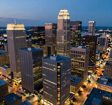 An aerial perspective of a modern North American business district at dusk. The scene is illuminated with steel blue and gold highlights from the buildings, representing growth and financial opportunity.