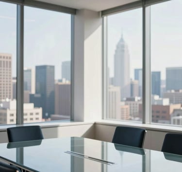 A high-end, professional North American office interior with clean lines and large windows. The scene features a glass table with a subtle reflection of the city skyline, using a palette of dark blue and off-white. The lighting is bright and natural, projecting a sense of sophisticated innovation.