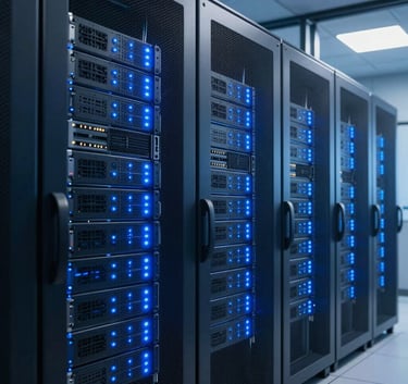 Sleek, futuristic server room with glowing blue status lights and clean steel blue architecture, reflecting a professional and advanced security infrastructure in an international data center.