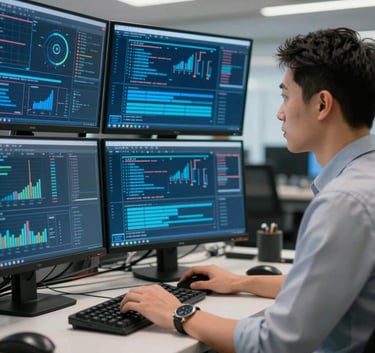 A professional data analyst in an international corporate environment looking at a multi-monitor setup featuring complex secure network traffic patterns in vibrant blue and navy hues.