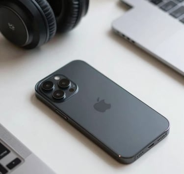 A sleek, close-up photograph of modern tech equipment on a white desk, including a designer smartphone and high-end headphones, representing a professional and efficient digital workspace, North American international style.