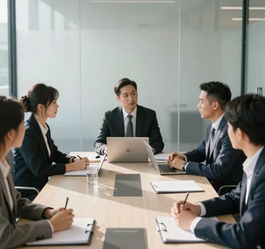 A professional business team having an efficient strategy meeting in a minimalist conference room with glass walls, soft morning sunlight, dressed in modern professional attire, North American setting, with a clean aesthetic.