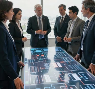 A group of professional South American / Brazilian business consultants in elegant attire, standing around a large, transparent digital display showing a complex flowchart. The setting is a bright, modern corporate boardroom with a focus on teamwork and technology.