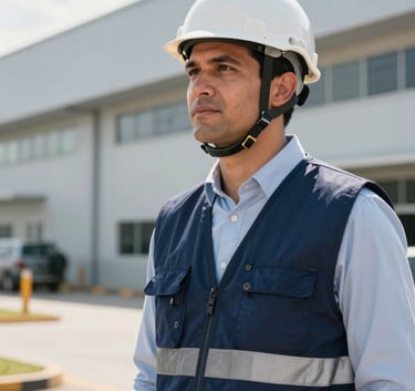 A professional South American / Brazilian safety consultant wearing a deep navy blue vest and a white helmet, standing in front of a modern factory building, bright natural lighting, expert composition.