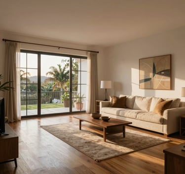 A beautifully finished open-concept living room with fresh paint and new flooring, soft evening sunlight through large windows, Latinoamericano architecture.