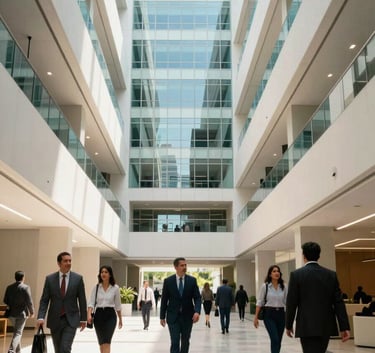 An wide-angle architectural shot of a modern business center in Mexico City. North American / Mexican professionals are seen walking through a bright, sun-lit lobby. The color palette includes light off-white and bright cyan reflections.