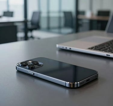 Close-up photography of a professional workspace in the US. A sleek smartphone and a tablet rest on a charcoal grey desk. The background is softly blurred, showing a modern glass-walled office with medium blue accents.