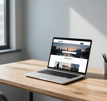 A clean, minimalist home office in a North American city. A high-end laptop on a light wood desk displays a sleek, glowing website interface. The room is filled with soft, natural morning light, featuring light blue-grey tones.