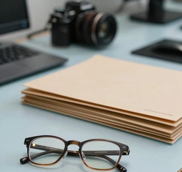 Photography of a professional workspace with a soft-focus background. In the foreground, a pair of glasses sits on a clean, light blue surface next to organized folders. The atmosphere is calm and professional, with a modern European business aesthetic.