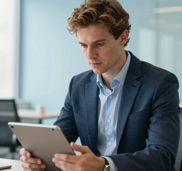 A professional in a business-casual European / Portuguese attire looking at a tablet in a bright, modern office with light blue accents. The scene conveys trust, support, and specialized administrative expertise.