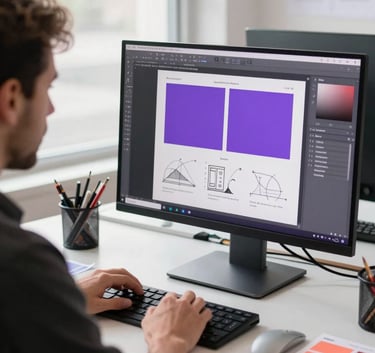 Dynamic photography of a creative workshop in North America. A professional is working on a large graphic design monitor, surrounded by brand identity sketches and vibrant purple and coral swatches. Bright, natural window light.