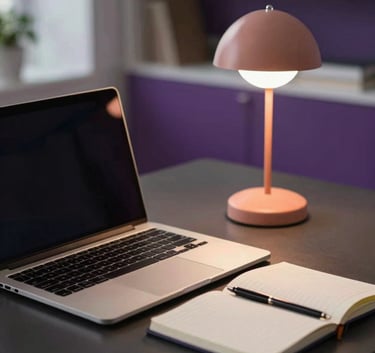 Professional high-end photography of a minimalist workspace in a US city. A sleek laptop and notebook sit on a dark desk with a small coral desk lamp providing warm light. The background is a soft-focus office with purple accents.
