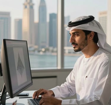 A professional designer in a sophisticated Middle Eastern / Gulf studio environment, looking at a large high-resolution monitor. The background shows a blurry cityscape of Dubai Marina in the afternoon sun.