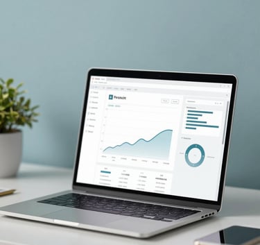 Minimalist and professional home office setup with a sleek laptop displaying a network analysis dashboard. Soft corporate lighting with a clean aesthetic featuring #F4F7F8 and #3E6B89 accents.