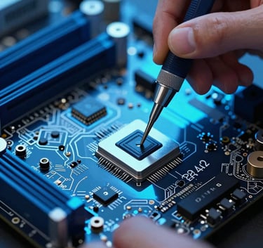 Close-up of a high-end motherboard being professionally serviced with precision tools. Sophisticated blue lighting environment reflecting the brand colors #1F3A4B and #9ABACF.