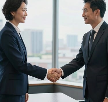 A professional North American male and female executive in business attire shaking hands in a bright, modern boardroom. The background features large windows with a view of an urban landscape. The mood is trustworthy and sophisticated, with color accents in deep navy and muted blue.