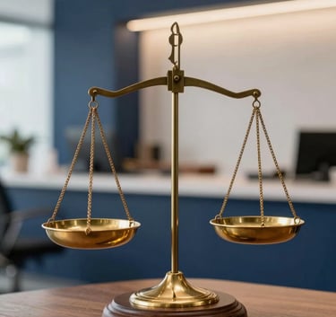 A professional composition featuring classic brass scales of justice on a wooden pedestal, set against a backdrop of a modern South American office with navy blue accents and warm lighting.