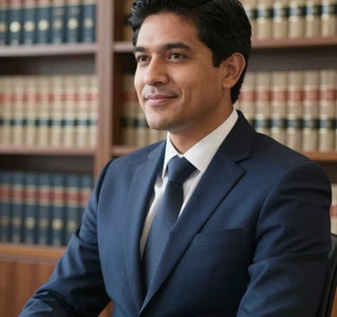 A professional South American lawyer in a dark blue suit sitting in a bright, modern office, looking confident and empathetic, with shelves of law books visible in the soft-focus background.
