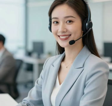 A professional woman wearing a modern headset, smiling confidently in a bright, modern corporate office. The background is softly blurred with hints of light blue (#7DA9CD) and white (#F0F5F8) glass partitions, emphasizing a clean and efficient workspace.