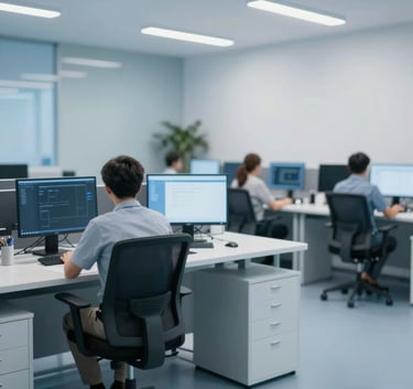A wide shot of a contemporary tele-attendance center with ergonomic furniture. The lighting is bright and professional. The color palette of the room incorporates #3A6389 and #F0F5F8, showing a high-tech, trustworthy environment.
