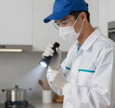 A professional pest control technician in a clean white uniform with Royal Blue (#1F4287) accents, inspecting a modern home kitchen with a flashlight, suggesting professionalism and detail.