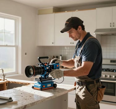 A professional contractor in work gear inspecting a gutted kitchen space in a North American / US (Los Angeles) home, natural morning light, steel blue and construction orange accents on the equipment.