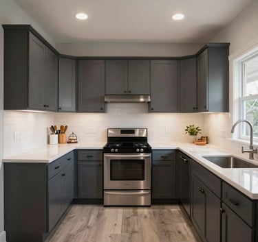 A wide angle interior shot of a fully renovated, practical kitchen in a North American / US (Los Angeles) home, featuring clean dark gray cabinetry and white tile backsplashes.
