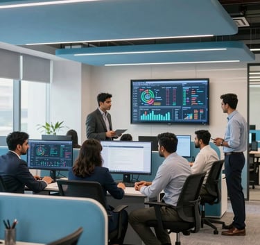 A sophisticated wide-angle photograph of a modern Lahore tech office interior. South Asian professionals in smart-casual attire are collaborating around a large monitor displaying digital marketing analytics, with sky blue accents in the furniture.