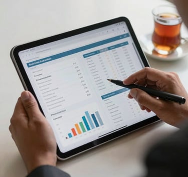 A clean, professional close-up photograph of a tablet being used by a South Asian professional in Lahore, showing SEO keywords and ranking charts, with soft morning light and a cup of tea nearby.