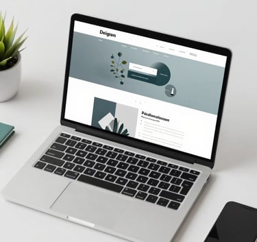 A top-down view of a designer's workspace featuring a minimalist laptop with a stunning website design on screen. The aesthetic is clean and professional, with #F4F7F8 workspace textures and subtle #3D5A73 accents in the stationery.