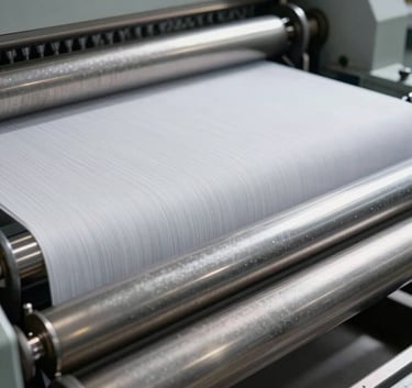 Professional close-up photography of a textile calendering machine in a modern South Asian industrial setting, gleaming steel rollers, soft white lighting, slate gray shadows.