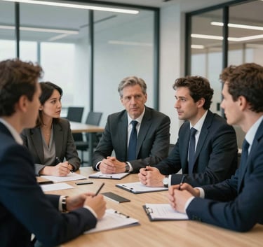 A sharp photograph of a professional business meeting taking place in a modern Bratislava office, people in smart-casual attire discussing retail strategies, corporate and trustworthy style.