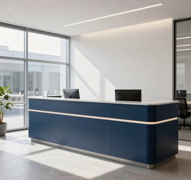 A bright, professional office reception in Slovakia with clean lines, navy blue furniture accents, and natural light streaming through large windows, reflecting established professionalism.
