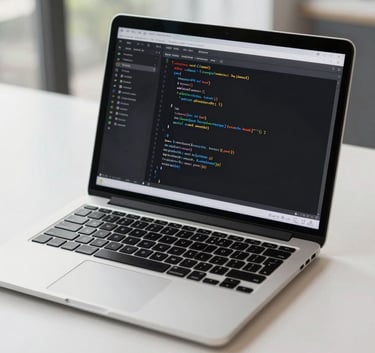 A close-up, high-detail photograph of a professional laptop on a minimalist desk in a North American corporate setting. The screen displays lines of clean software code under soft, natural daylight.