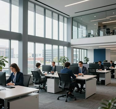 A clean, wide-angle photograph of a modern North American office interior with glass walls and professional specialists working at sleek desks. The lighting is bright and natural with a palette of slate blue and navy accents.