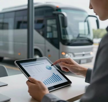 A professional person in a Western European office setting using a digital tablet to review financial data, with a modern touring bus visible through the window in the background, steel gray and dark blue color scheme, soft daylight.
