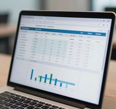 Close-up of a high-tech dashboard displayed on a laptop screen showing cost reports and charts, Western European office environment, lighting in shades of light steel blue and off-white.