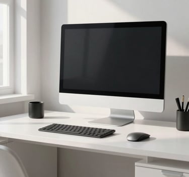 A professional creative workspace with a large monitor, North American / International, minimalist white furniture, soft natural morning light, premium aesthetic.