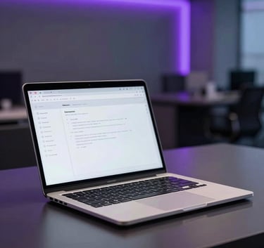 A sleek modern laptop sitting on a polished dark desk in a high-end corporate office, North American / International, showing a clean interface, dramatic soft purple and slate blue accent lighting.