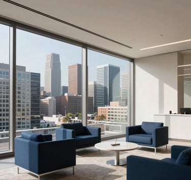 A wide-angle professional photograph of a sunlit North American corporate office suite overlooking a city skyline. The interior is modern and minimalist with furniture in deep blue and off-white tones, reflecting an atmosphere of efficiency and professionalism.