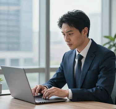 A professional in North American business attire working focusedly at a sleek laptop in a bright, modern office with soft-focus city views in the background. The scene uses natural lighting and a palette of light blue and professional navy tones.