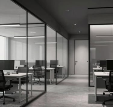 A wide shot of a modern, minimalist creative agency office. Clean lines, glass partitions, and monochrome furniture dominate the space. The lighting is soft and professional, capturing a sophisticated and confident atmosphere using tones of #333333 and #F7F7F7.