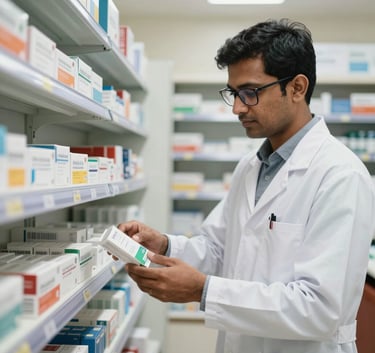 A South Asian pharmacist wearing a white coat and glasses, organizing medicine boxes in a well-lit, modern dispensary.