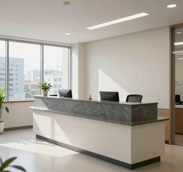 A bright, clean medical office lobby in a South Asian city, featuring a reception desk with slate gray and off-white accents and large windows.
