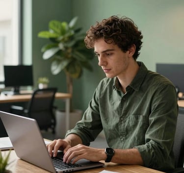 A professional software engineer in a modern North American / US office space using a sleek laptop, warm natural lighting, with deep forest green and soft sage green accents in the background decor, professional and innovative atmosphere.