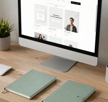 A high-angle shot of a designer's desk in a North American / US creative studio, featuring a large monitor displaying a website wireframe, a soft sage green notebook, and clean, minimalist aesthetics.