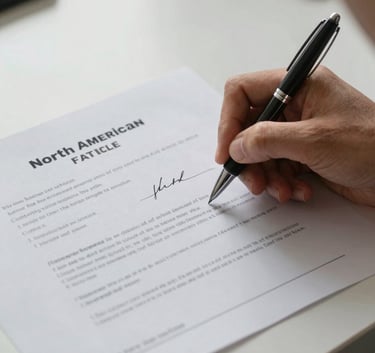 A close-up photograph of a North American vehicle title document on a clean, modern desk being signed with a professional pen, soft natural lighting.