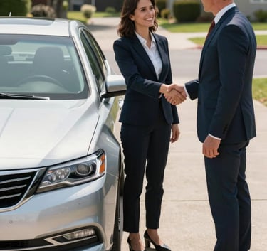 A bright, high-resolution photo of a North American driveway where a buyer and seller are shaking hands next to a clean silver sedan, professional lighting, daylight, symbolizing a successful transaction.