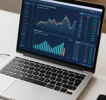 A modern laptop on a desk showing a financial dashboard with clear graphs and a steel blue and off-white color palette.