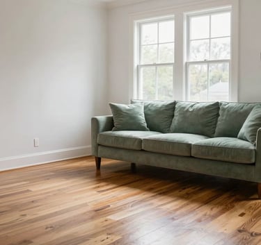 A bright and airy North American / New England living room after a professional cleaning, with gleaming hardwood floors, mist white walls, and sage green cushions, naturally lit by a large window.
